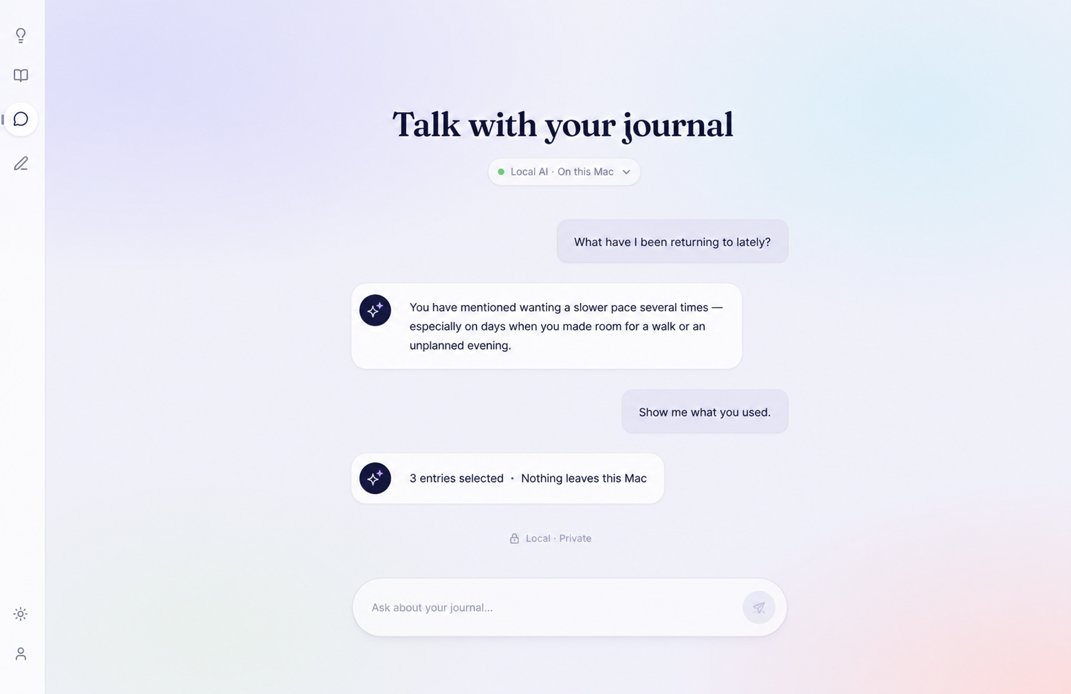 Clearly local AI chat showing a private conversation about recent journal themes