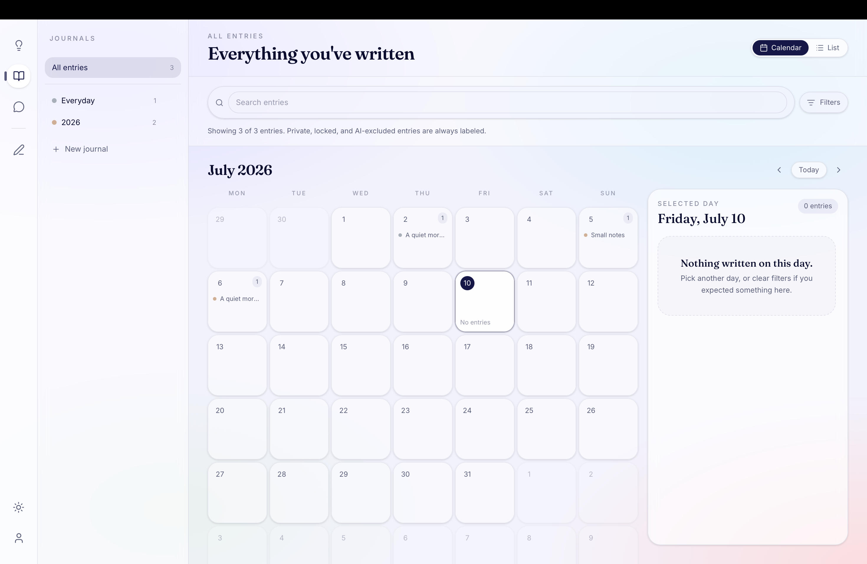 Clearly calendar showing journal entries across July
